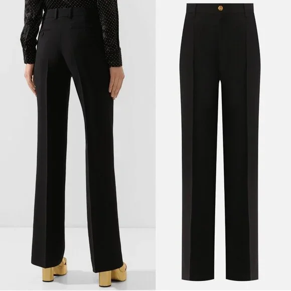 GUCCI PANTS BLACK SILK WOOL CREASED TROUSERS w LOGO BUTTON sz IT 44 US 8 - Picture 2 of 14